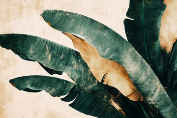 Abstract art background with tropical leaves in green and beige colors