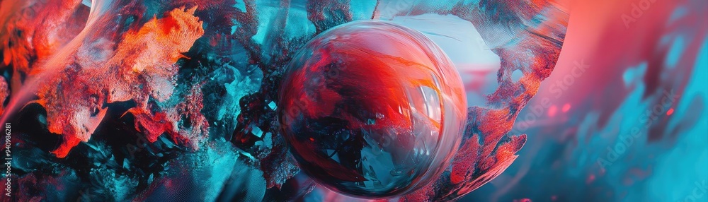 Poster A vibrant abstract composition featuring a glowing sphere amidst colorful swirls, perfect for creative design and artistic projects.