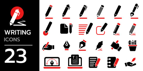 Writing icon set. pen, write, pencil, note, edit, writer, document, text. vector icons collection.