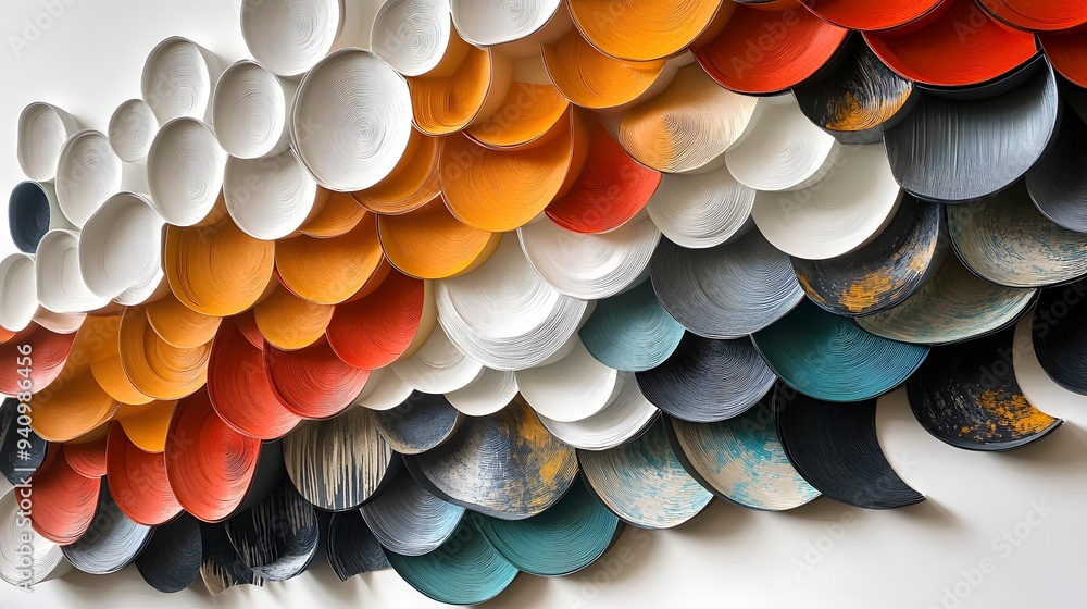 Poster 27. modern 3d wall art with circle paper cutouts arranged in a dynamic, angular pattern