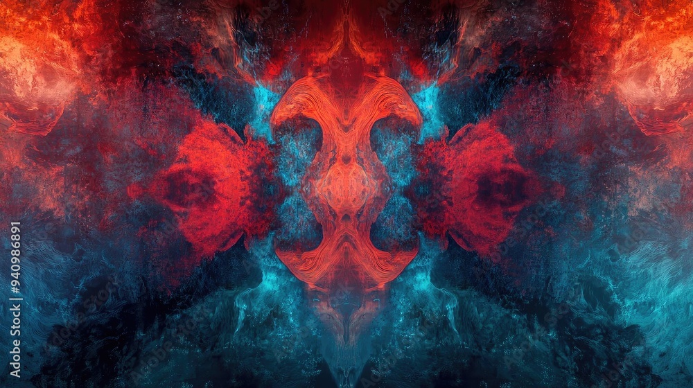 Poster a vibrant abstract artwork featuring bold red and blue hues, creating a dynamic and captivating visu
