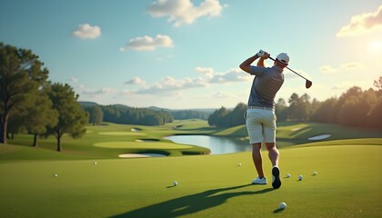 Golfer hit sweeping driver after hitting golf ball down the fairway, Golfer hit sweeping driver after hitting golf ball down the fairway with sunrise background.
