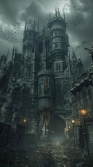 Obraz premium Dark, eerie medieval castle under stormy skies with gothic architecture and ominous atmosphere, perfect for horror or fantasy themes.