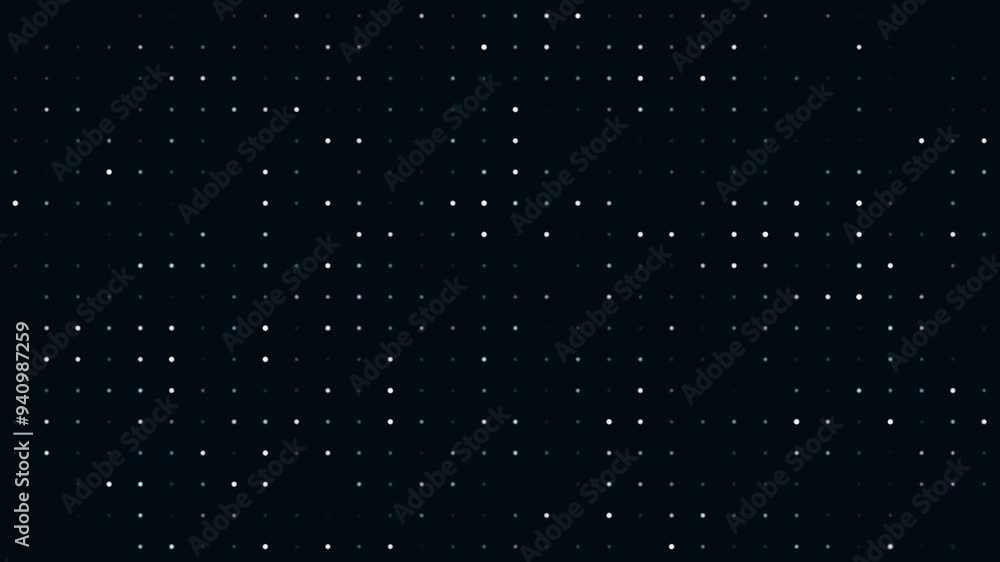 Poster background animation of randomly flashing round white dots on one side of black background.