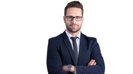 Cheerful businessman standing confident isolated in transparent PNG background.
