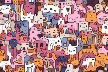A colorful and chaotic pattern of various cartoon animals and creatures, creating a fun and whimsical background for a variety of designs.