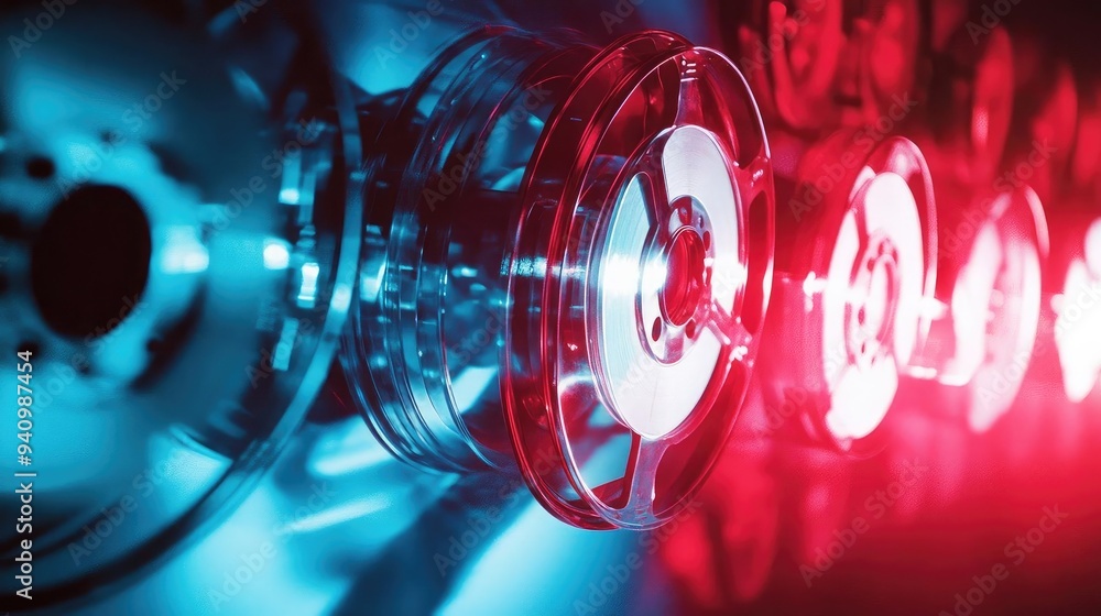 Poster Close-up of modern audio tape reels illuminated with vibrant red and blue lights, creating a dynamic and artistic effect.