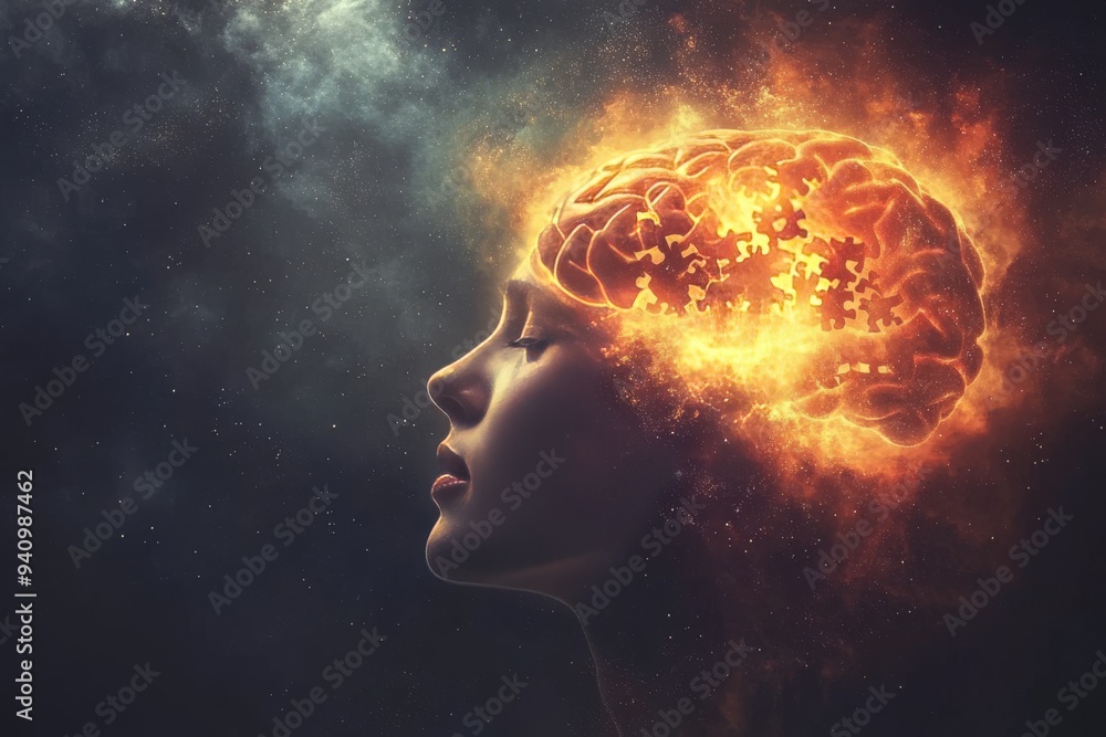 Aufkleber abstract digital rendering of a human head with a fiery brain symbolizing the intensity of thought t