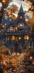 Fototapeta premium Magical autumn night showing a cozy cottage in the woods with glowing pumpkins and children walking towards it for Halloween.