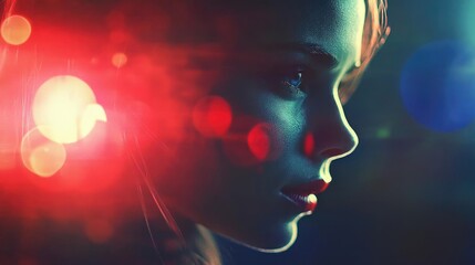 Fototapeta premium Striking profile image with vibrant lights, showcasing beauty and emotion in a captivating, atmospheric setting.