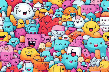 A colorful and fun pattern of cute cartoon characters, perfect for backgrounds, textiles, and more.