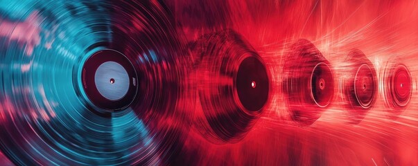 Vibrant spinning vinyl records with dynamic light effects, creating a nostalgic yet modern music atmosphere.