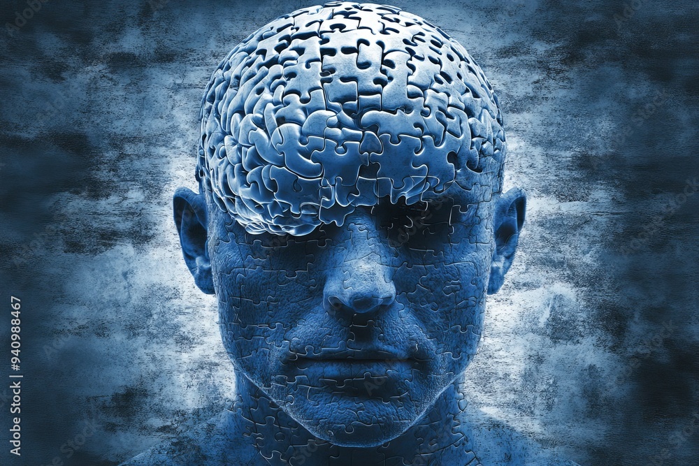 Poster Dark and moody digital portrait of a man with a puzzle brain symbolizing the complexity of thought the challenges of mental health and the fragmented nature of human cognition