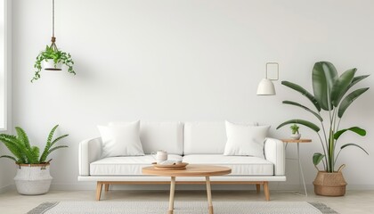 A white couch sits in front of a white wall by AI generated image