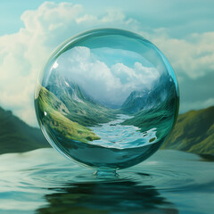 Water world in a drop of water, environmental awareness concept