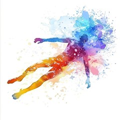 illustration of a woman diving and swimming gracefully, painted in a vibrant watercolor style with colorful splashes highlighting the fluidity and movement on a white background.