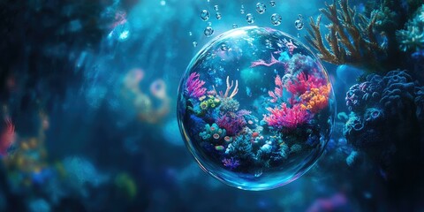 Colorful coral reef inside a bubble.