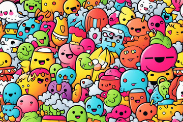 A colorful and playful background pattern featuring various cute cartoon characters in doodle style.