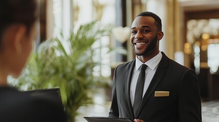A professional concierge in a luxury hotel, elegantly dressed, warmly welcoming guests, showcasing high-end hospitality service.