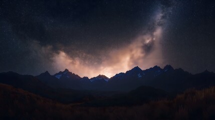 Obraz premium Snowy Mountain Range Under Milky Way Galaxy