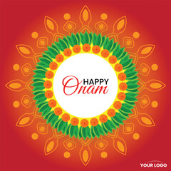 Vibrant Onam Greeting Card with Pookalam Floral Design on Bright Red Background