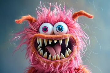 Obraz premium A lively and eye-catching pink furry monster puppet with big eyes and sharp teeth, adding humor and fun to marketing campaigns.