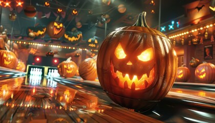 Spooky Halloween themed bowling alley with carved pumpkins, eerie lighting, and festive decorations for a fun, eerie atmosphere.