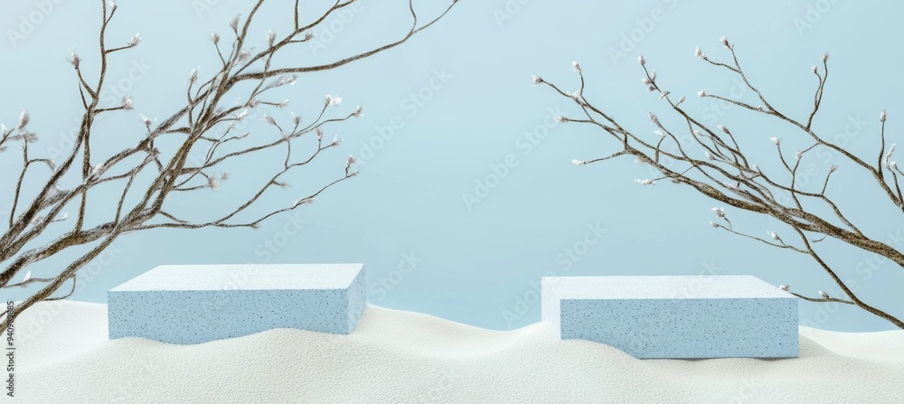Poster this is a minimal mockup background for a product presentation. it has a podium, a tree branch with 
