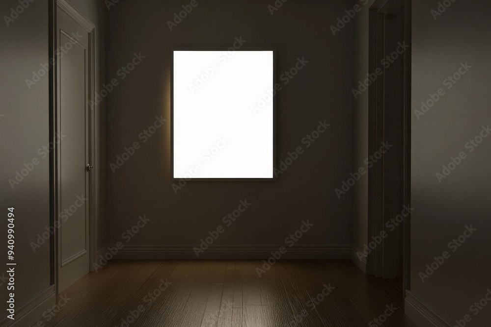 Poster 3d rendering, mock-up of big gray partition on wooden floor in modern exhibition hall with grey colu