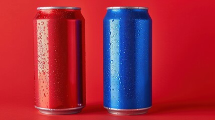 Featuring red and blue soda cans in perfect harmony, the condensation droplets highlight their refreshing coolness, making this image perfect for a competitive soda market banner.
