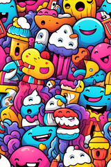 Fototapeta premium A colorful and vibrant doodle pattern featuring cute characters, food, and objects.
