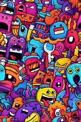 Obraz premium A colorful and vibrant doodle pattern featuring a variety of funny and playful characters, monsters, and abstract shapes.