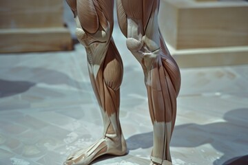 Visual representation of leg and foot muscles, detailing their anatomy and importance in physical activity, Bent knees with strong, defined muscles, AI generated