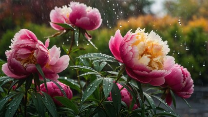 Obraz premium Pink peonies are drenched in raindrops, creating a vibrant display in the garden's greenery