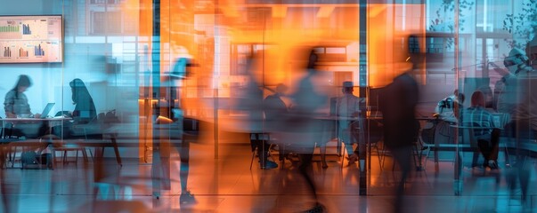 Office workers in glass building, busy modern workplace.
