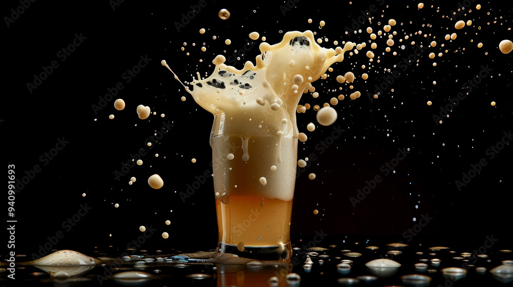 Poster Refreshing Beer Splash with Foam and Bubbles on Studio Backdrop.