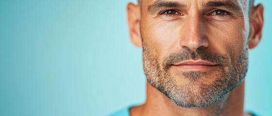 Obraz premium A man with a toothbrush in his mouth, in a tight close-up, against a blue background