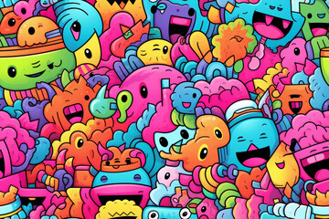 A colorful and whimsical doodle pattern featuring a variety of cute and silly characters with expressive faces.
