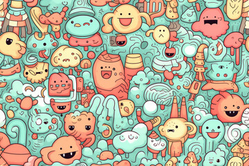 A colorful and whimsical doodle pattern featuring a variety of cute and silly characters and shapes.