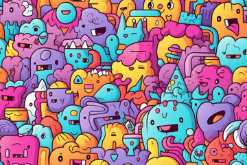 A colorful and vibrant pattern of cute cartoon monsters and creatures.