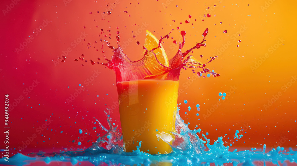 Poster refreshing splash of orange juice with vibrant colors and lemon slice