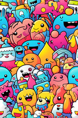 Naklejka premium A colorful and whimsical doodle pattern with happy cartoon creatures.