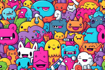 A colorful and vibrant seamless pattern of cute cartoon characters, all with different expressions and features, perfect for kids' products, branding, or social media.