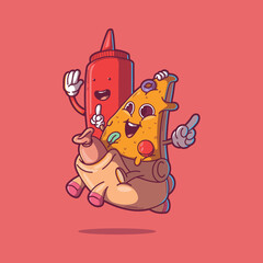 Fast Food characters flying on a hot dog vector illustration. Food, brand, design concept.