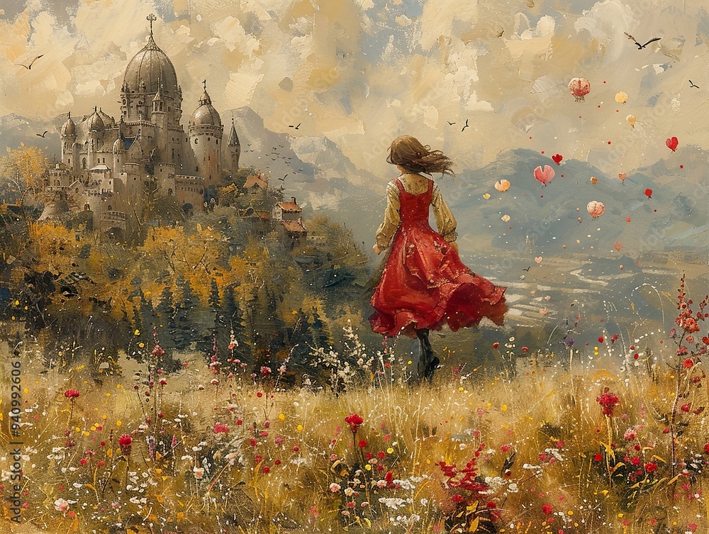 Poster Woman in Red Dress Gazing at a Majestic Castle in a Dreamy Landscape