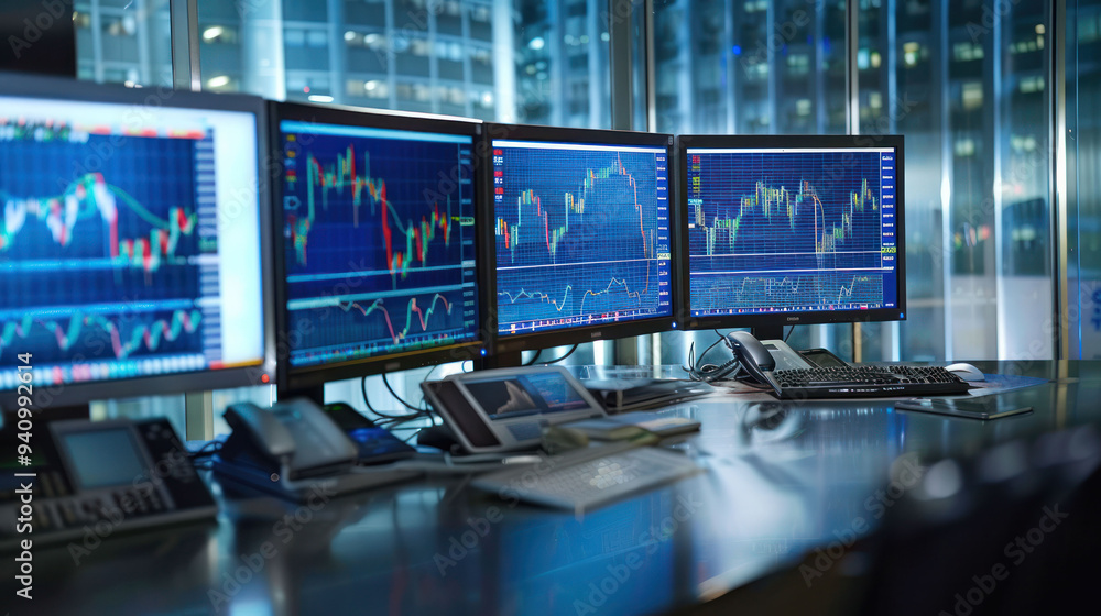 Poster Modern Trading Desk with Multiple Monitors Displaying Real-Time Stock Market Graphs.