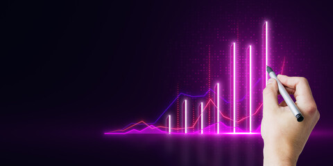 Close up of businessman hand with pen using growing purple business chart on dark background with mock up place. Financial growth and trade concept.