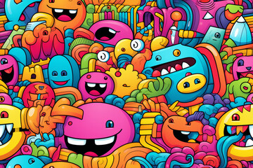 A colorful and whimsical pattern featuring a variety of cute and quirky cartoon monsters with big smiles and expressive eyes, all set against a busy background of doodles and swirls.
