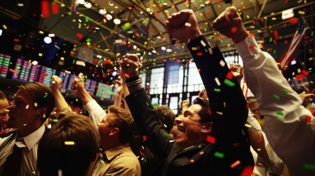 Celebration in stock exchange with confetti and cheering traders. - Powered by Adobe