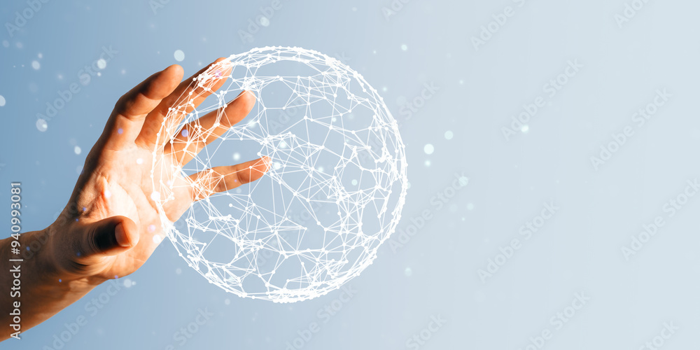 Poster close up of male hand using glowing polygonal sphere hologram on white background with mock up place